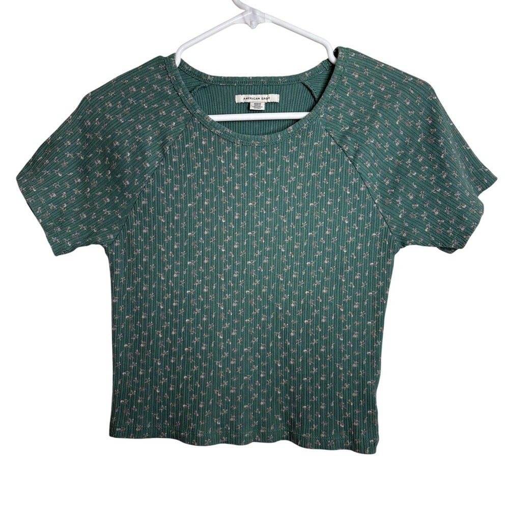American Eagle Outfitters Green Floral Crop Ribbed Baby Tee Size M, Cottagecore